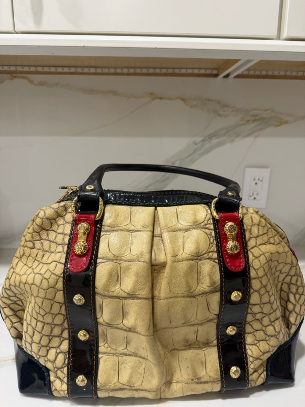 Marino Orlandi Cream Croc-Embossed Satchel with Black & Red Trim